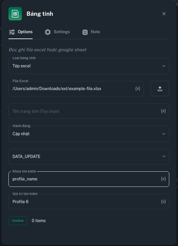 Node Bảng tính | MKT Login Docs