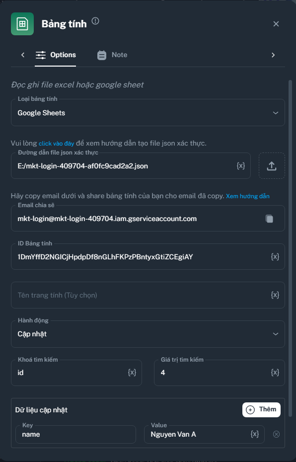 Node Bảng tính | MKT Login Docs