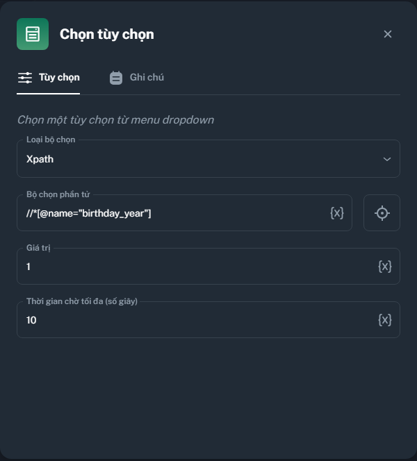 Node Chọn tùy chọn | MKT Login Docs